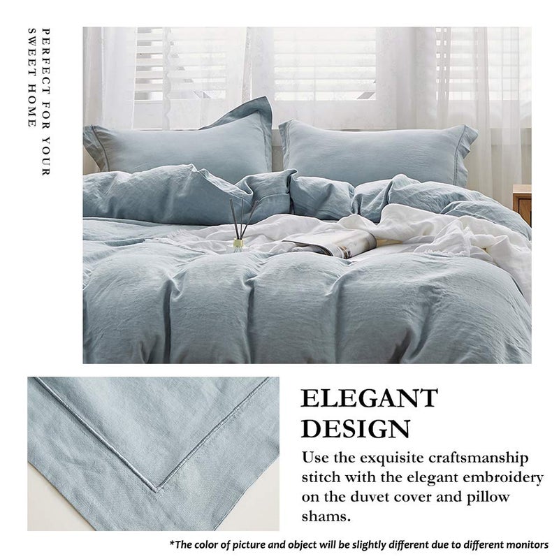 Simple&Opulence 100% Linen Duvet Cover Set with Embroidery Border Washed - 3 Pieces (1 Duvet Cover & 2 Pillow Shams) with Button Closure Soft Breathable Farmhouse - Dusty Blue, Queen Size - Image 2